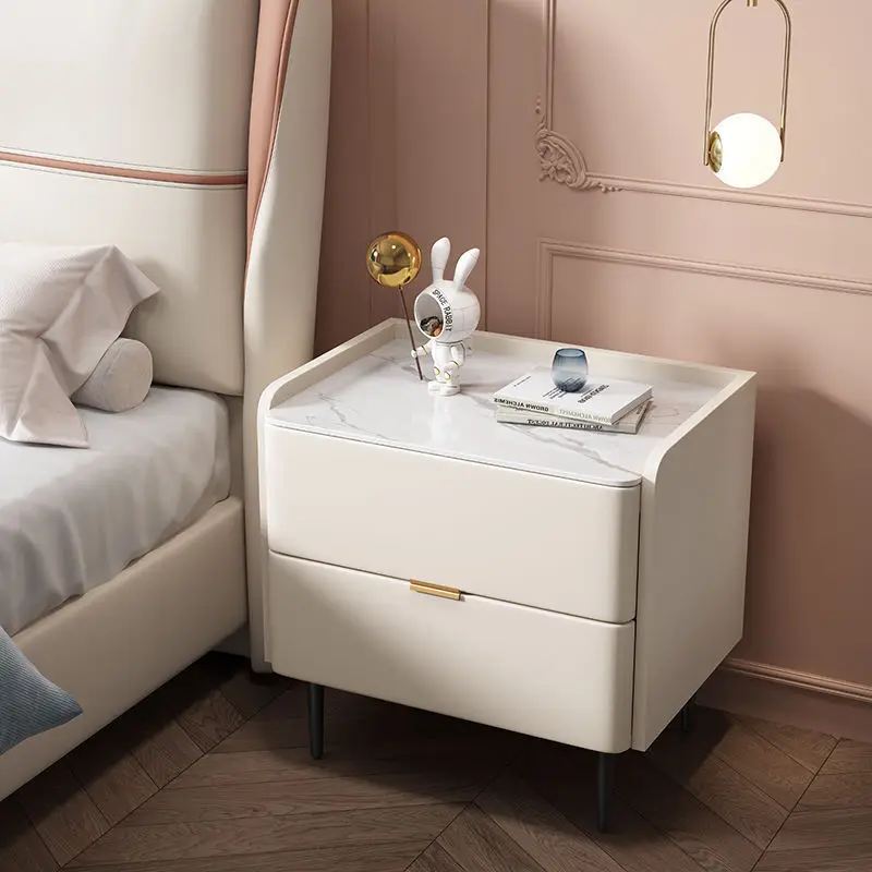 Modern Style Solid Wood Bedside Table with Sintered Stone Top Bedroom Storage Cabinet with 2 Drawers Hotel End Table