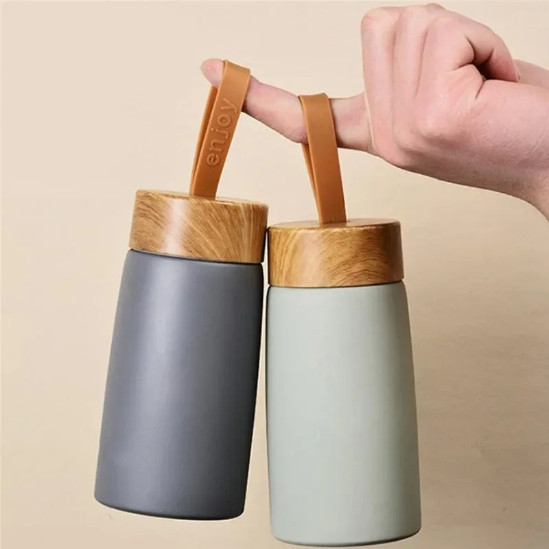 Stainless Steel Wood Grain Water Bottle Vacuum Flask Thermal Insulat Cold Water Double Wall Bottle Direct Drinking 280Ml