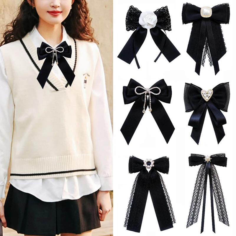 الكورية المرأة ربطة القوس فيونكة من الدانتيل بروش أسود كاميليا زهرة حجر الراين اللؤلؤ قميص طوق دبابيس ربطة العنق الشريط حفل زفاف ربطة العنق #6