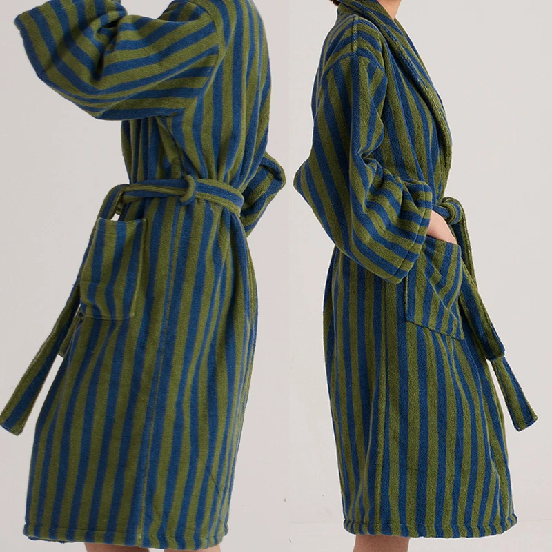 Ins Simple Female Kimono Robe Sleepwear 100% Cotton Towel Long Bathrobe Night Dress Autumn Winter New Couple Homewear Pajamas