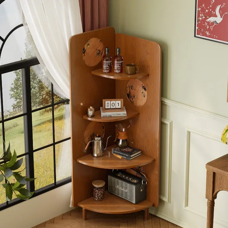 Medieval solid wood corner rack corner cabinet household floor bookshelf living room simple storage corner cabinet bookcase
