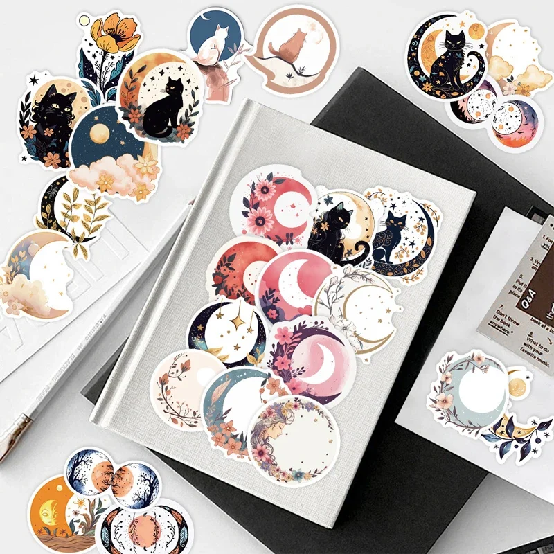 50PCS Simple Moon And Flower Stickers Luggage Notebook Guitar Laptop Phone Stationery Bottle DIY Decoration Stickers Toys Gift