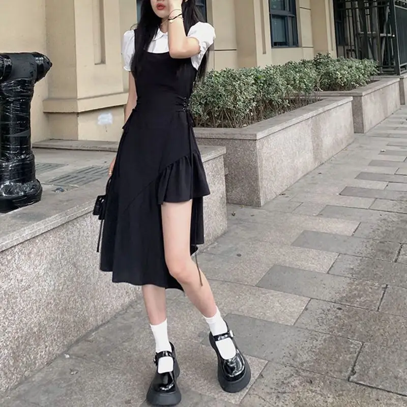 Sets Women Puff Sleeve Preppy Style Tops Slit Dresses Irregular Hotsweet Bodycon Girlish Midi Fashion Shirring Ulzzang Elegant