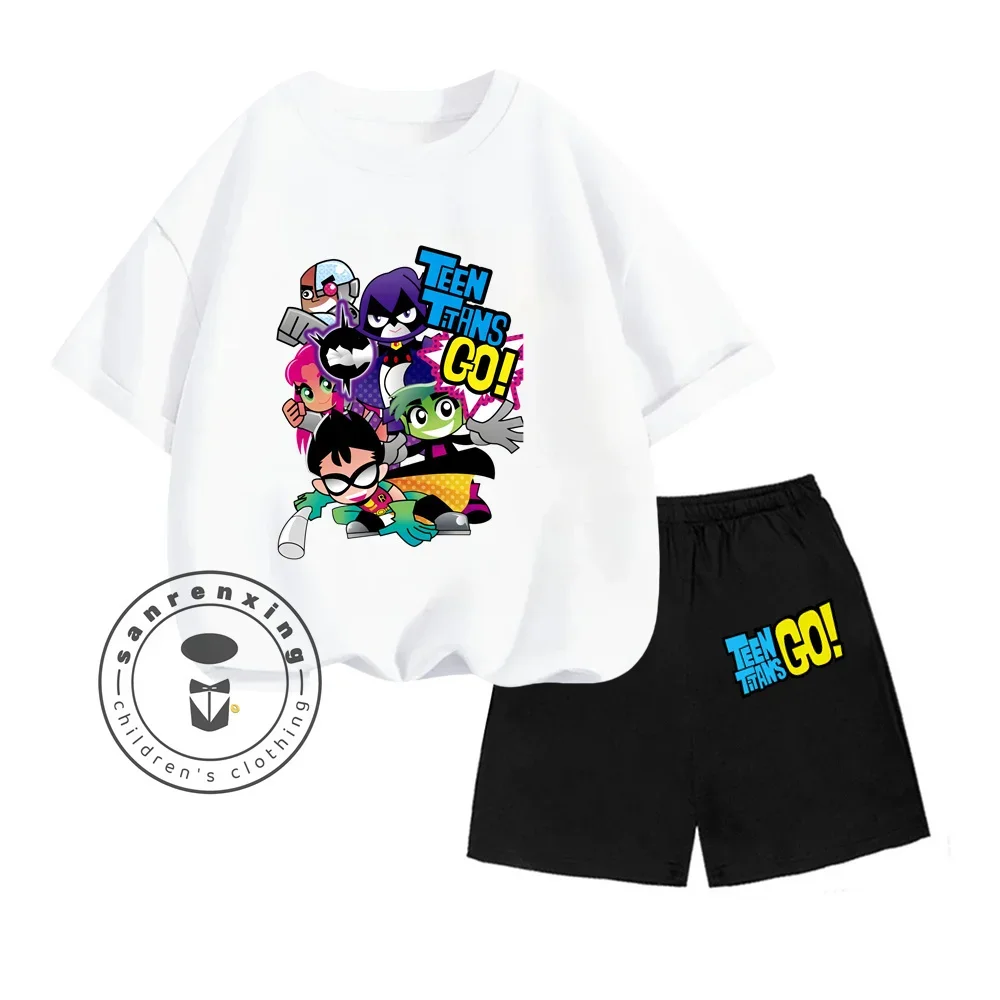 Cute Classic Teen Titans Go Cartoon Print Design O-neck Sweet Short Sleeve and Short Sleeve Summer Kids Sports Style Two-piece