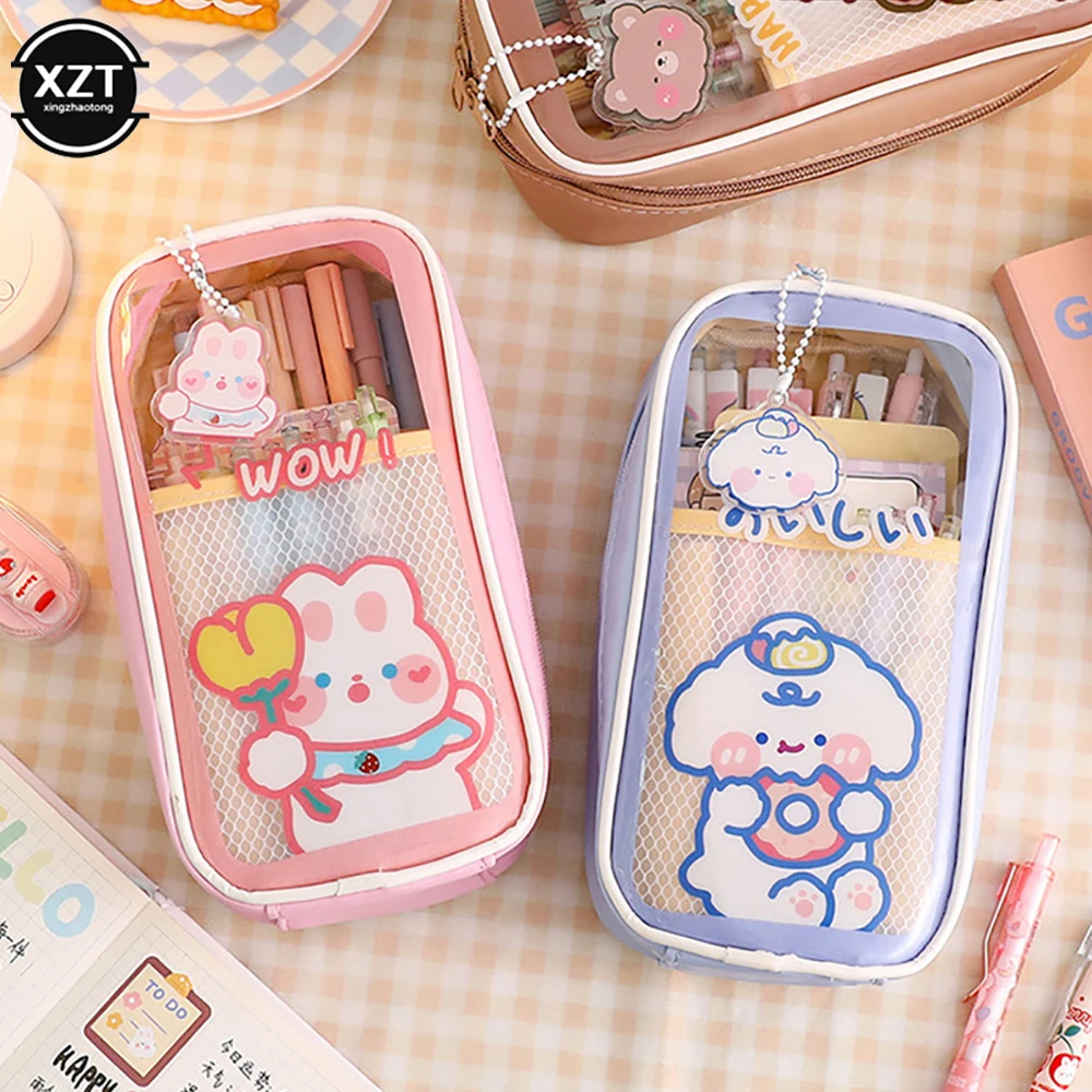 Cute Creative Transparent PVC Large Capacity Pen Pouch Children Cartoon Student Stationery Transparent Plastic Pen Case Pouch