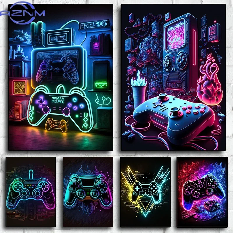 Cool Gaming Wall Art Canvas Painting, Colorful Gamer Controller, Neon Pop Poster and Print, E-sports Room Decor, Gift, No Lights