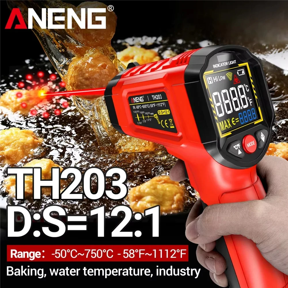 Termômetro Infravermelho Industrial Inteligente ANENG TH203 -50~600 ℃   Termômetro Digital com Tela Invertida VA e Ferramentas de Medição