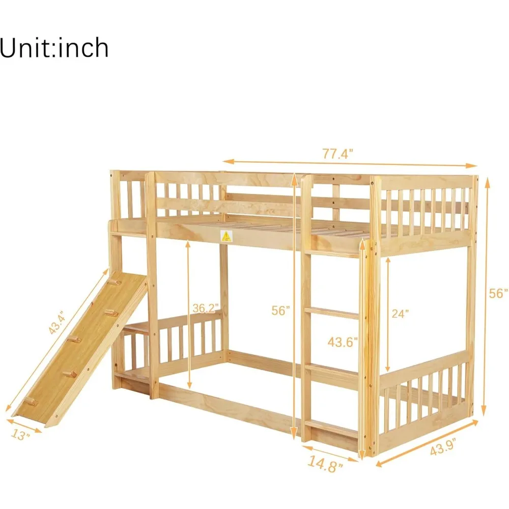 Twin Over Twin Floor Bunk Bed, Low Bunk Bed with Climbing Ramp, Wood Playhouse Bunked Frame with Ladder and Guardrails