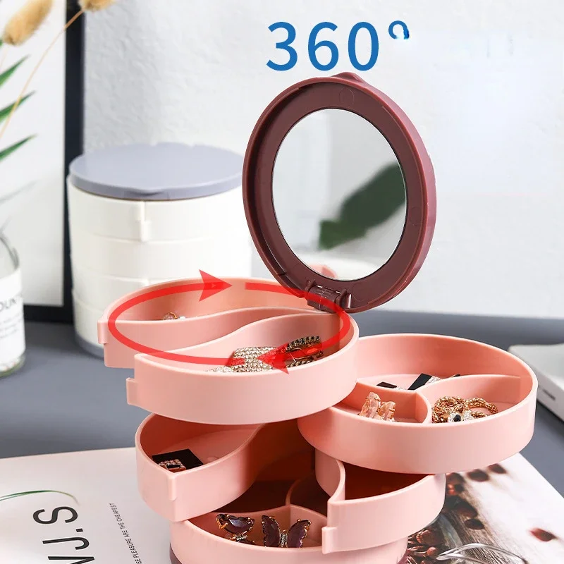 Rotating Four-layer Jewelry Box Necklace Earrings Ring Bracelet Storage Organizer Multilayer Compartment Storage Box with Mirror