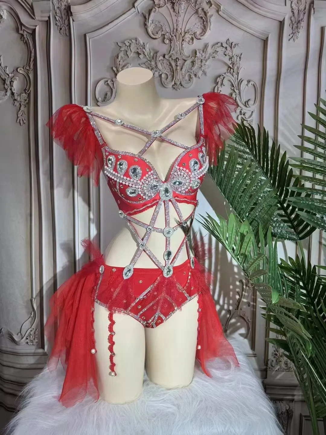 

Singer Performance Stage Wear Rave Outfits Sexy Red Pink Rhinestones Bikini Bodysuit Nightclub Bar DJ Disco Dance Costume Dancer