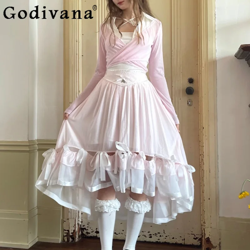 Summer New Sweet Pink Irregular Bow Lace Splicing Long Skirt Fashion Girl High Waist A-line Versatile Fairy Princess Skirts