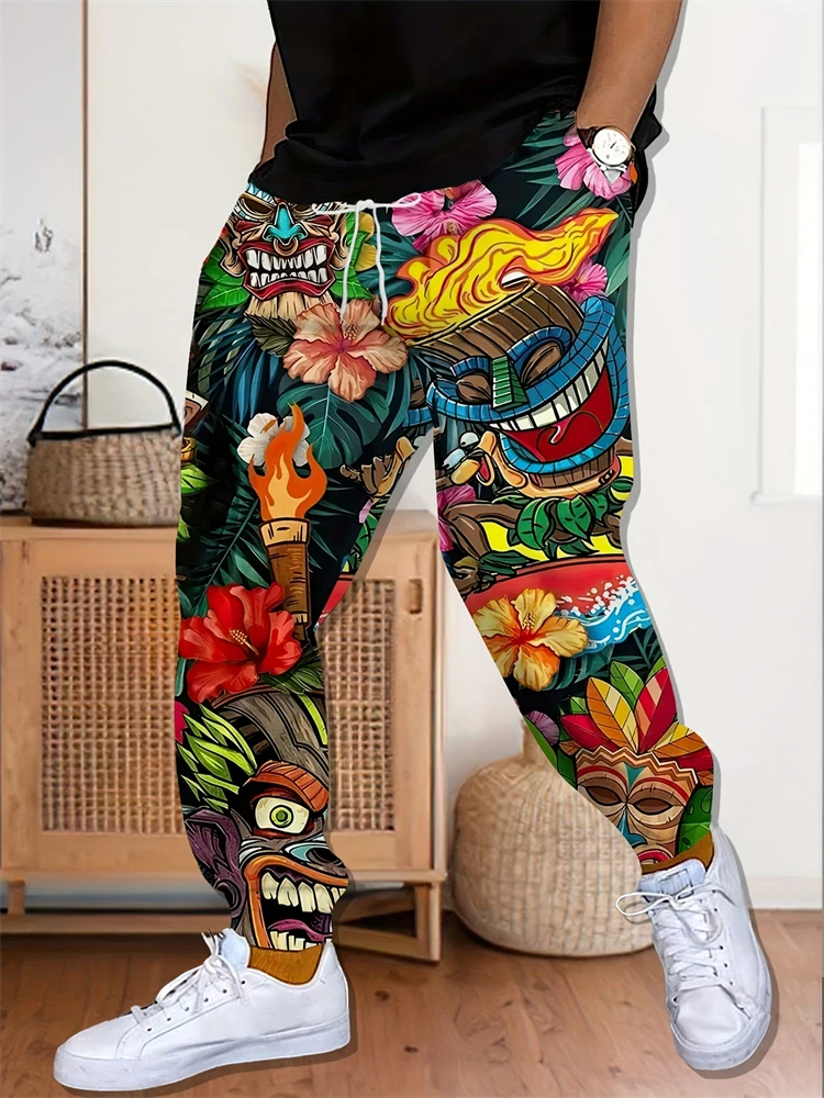 Men's Fashion Casual Pants For Fall Trendy Tropical Print Drawstring Long Pants Outdoor Comfortable Loose Fit Sports Pants
