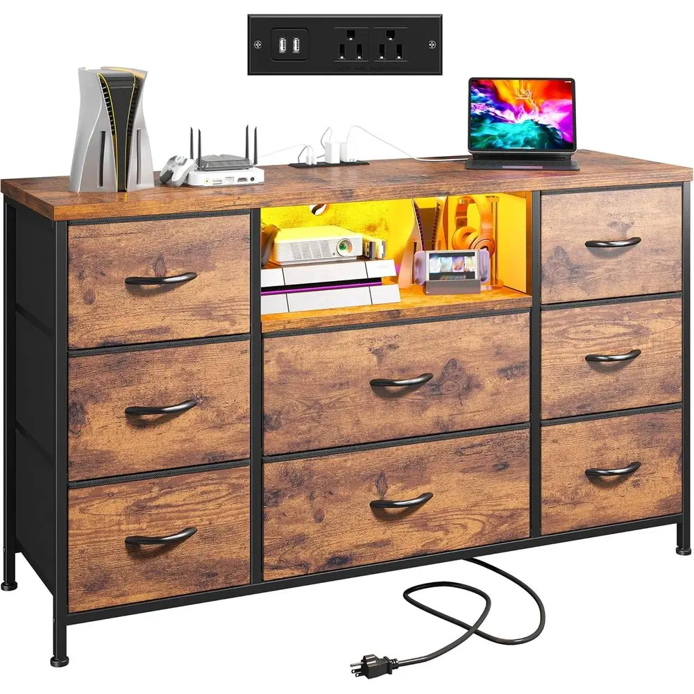 

Bedroom TV Stand with LED Lights, Charging Station, and Storage Options in Rustic Brown