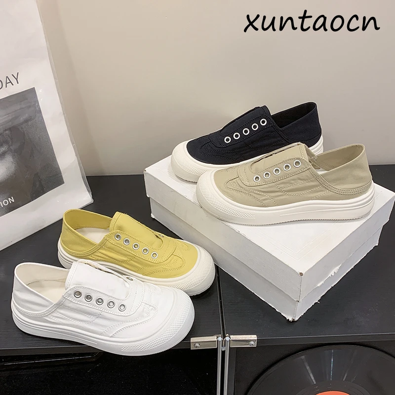 

Women's Thick Bottom Slip-On Canvas Shoes Spring Summer New Style Breathable Low Cut Fashionable Korean Cross Buckle Design