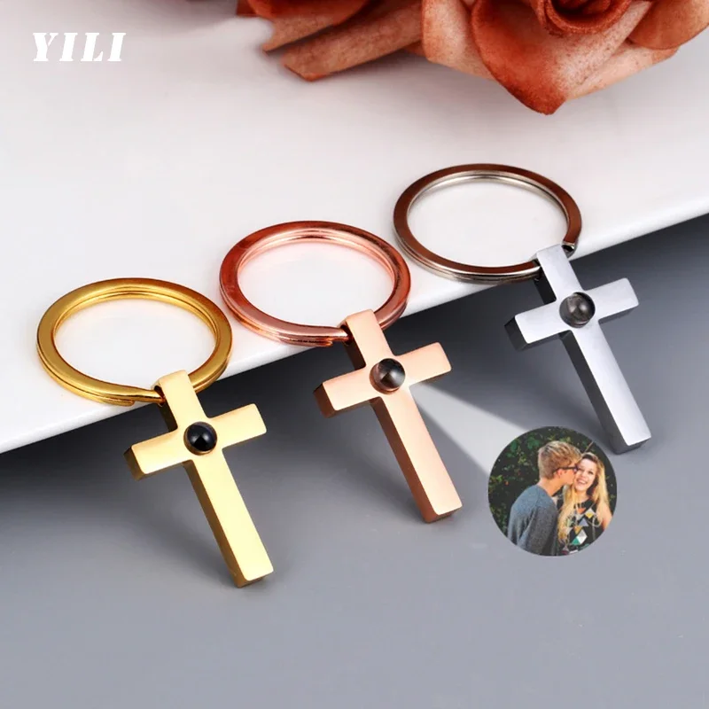 Personalized Photo Projection Keychain Cross Stainless Steel Custom Picture Key Ring Custom Memorial Gifts for Men Women Girls