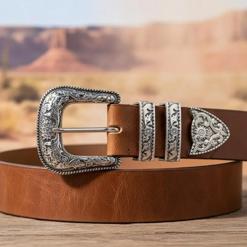 Three-Piece Belt Buckle Set Vintage Style Carved Pin Buckle DIY Leather Belt Replacement for Western Men Accessory