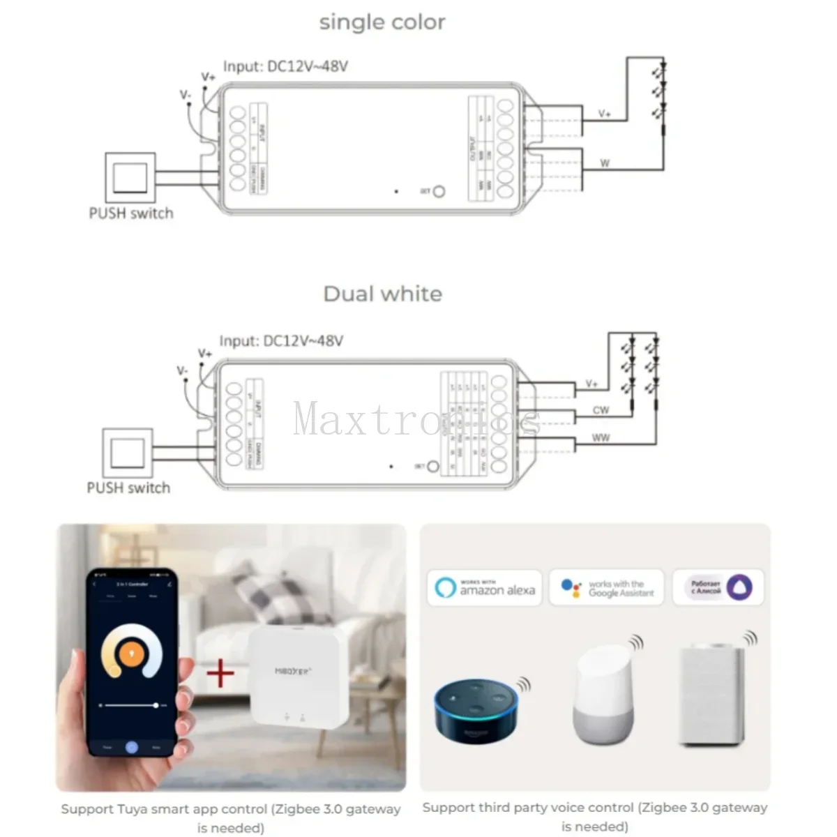 DC12 ~ 48V Miboxer Zigbee3.0 +2.4G 2IN1-PZ2/ 5IN1-PZ5 RF LED تحكم ماكس 20A لشريط LED أحادي/مزدوج اللون /RGB/RGBW/RGB + CCT