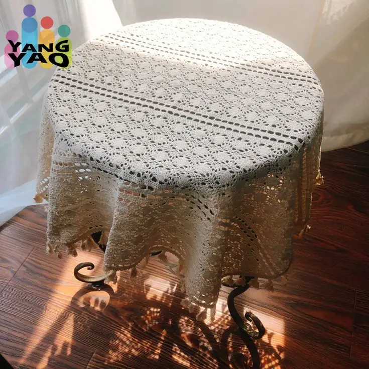 Crochet Lace Hollowed Out Tablecloth Bedside Table TV Refrigerator Decorative Cover Off White Fringe Edge Square Tabletop Cloth