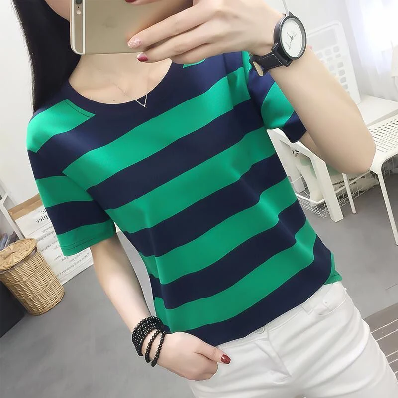 2024 Summer New Striped T-shirt Women\'s Short Sleeved Top Loose Korean Versatile Hong Kong Style T-shirt