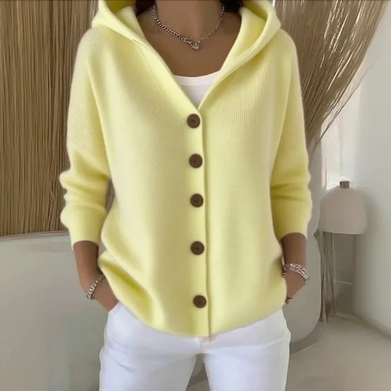 Women Solid Hooded Knit Cardigan Single Breasted Long Sleeve Loose Casual Sweater Coat