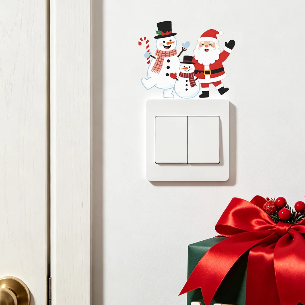 Cartoon Santa Claus & Snowman Light Switch Sticker, Home Wall Beautification Decal for Living Room Xmas Festive Ornament