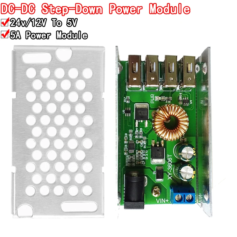 DC-DC 9V 12V 24V 36V a 5V Step Down Board 5A 4 uscita USB modulo di alimentazione convertitore Buck con guscio in alluminio per telefoni