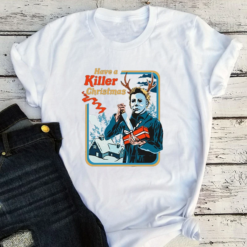 

Funny Horror Movie Characters Christmas T-shirt Halloween Christmas Party Shirts Gift for Christmas Retro Christmas Clothes