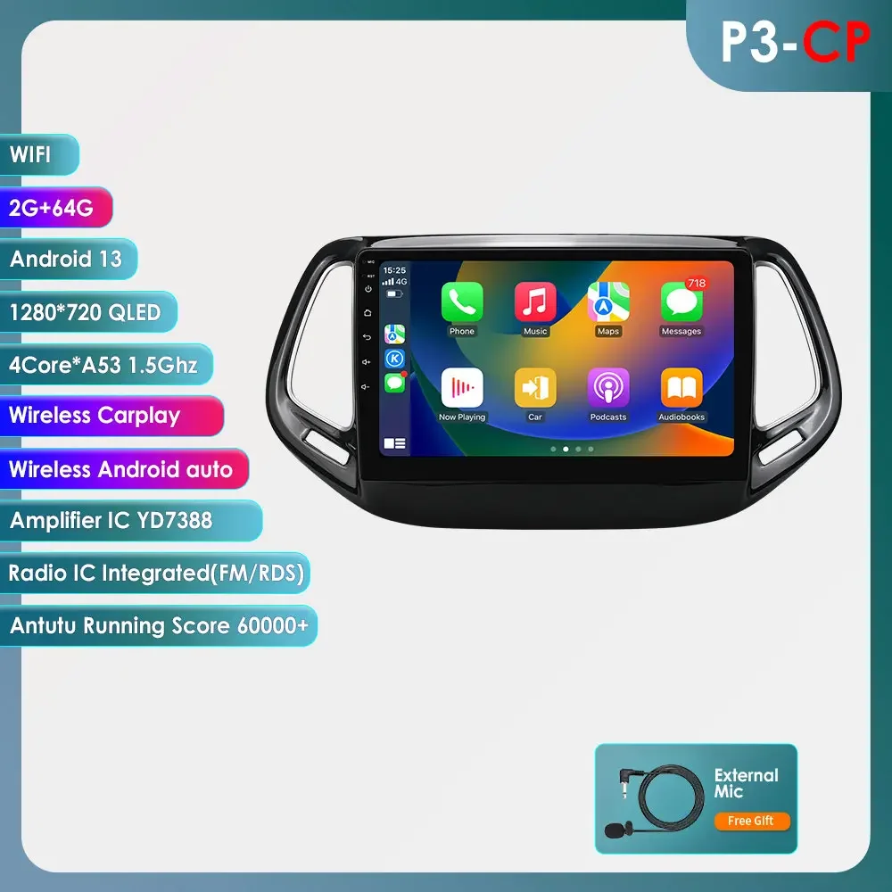 Android Videospeler Autoradio voor Jeep Compass 2017-2020 Autoradio Stereo 2 Din GPS Navigatie Carplay DSP WIFI+4GLTE Autoradio