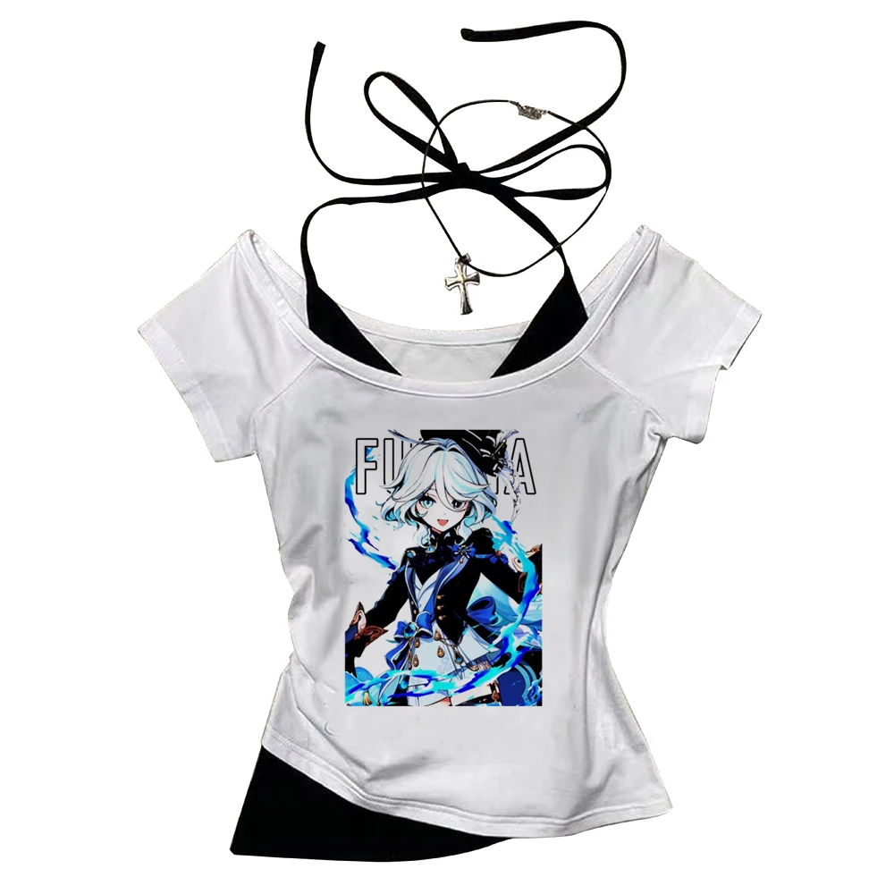 Genshin Impact Furina crop top female cute meme scene  summer goth t shirt cute japanese jojifuku 2000s korean fashion