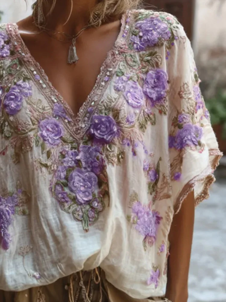 

Casual Short Sleeve Loose Commute Tee-shirts Summer V-neck Jacquard Commute Blouse Fashion Lace Embroidery Floral Pullovers Tops