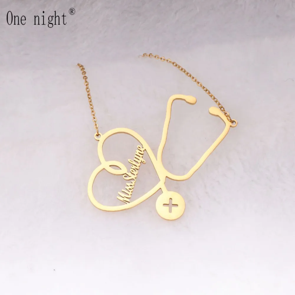 Custom Name Necklace Stainless Steel O Chain Stethoscope Heart Shape Personalized Nameplate Pendant Valentine Gift for Couple