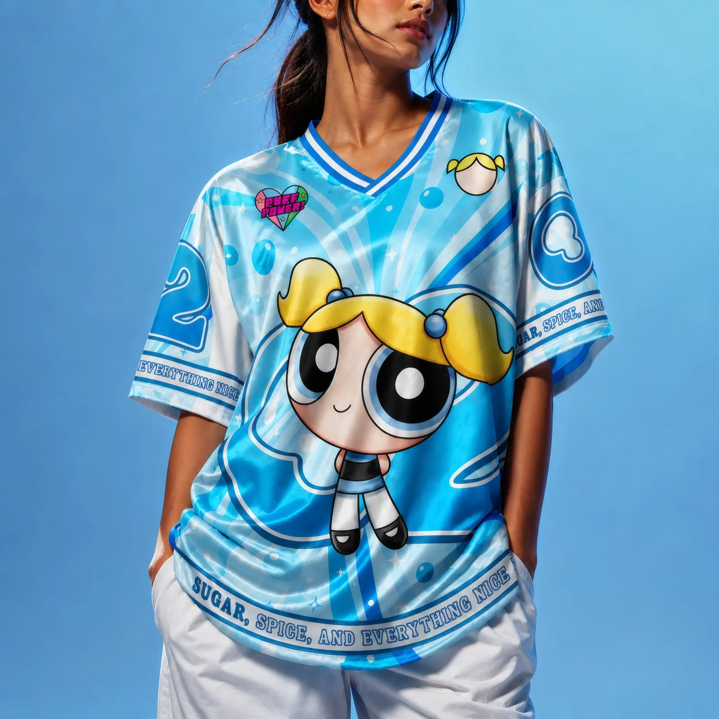 Women T Shirt V Neck The Powerpuff Girls Cartoon Jersey Top Y2K Style Casual Streetwear Couple Outfit Unisex Summer Fashions