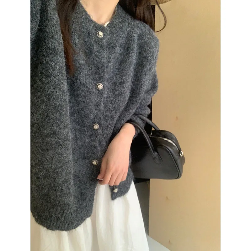 Furry round neck sweater cardigan for women 2024 autumn and winter Korean style simple single-breasted soft waxy knitted jacket