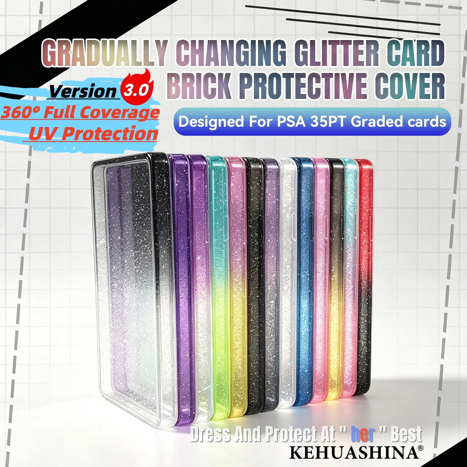 Glitter TPU Slab Bumper Guard Protector Case Holder Display with Front & Back UV Protection for PSA 35PT Graded Trading Card