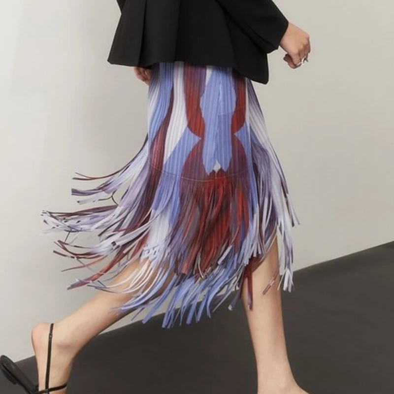 Printed retro pleated fringed skirt skirts for women korean fashion clothing long skirts for women Loose Fit