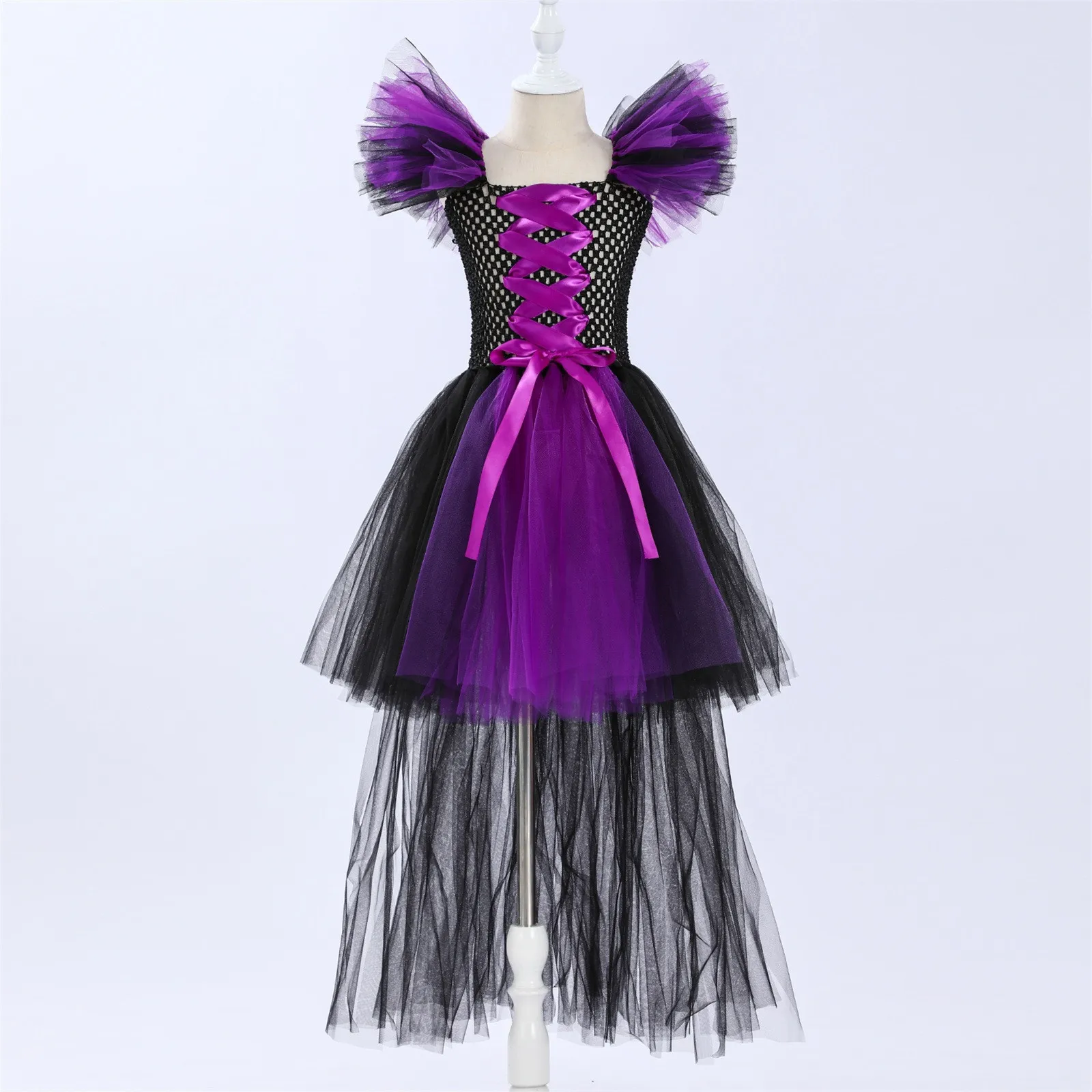 

2024 Kids Girls Magnificent Witch Halloween Costume Rainbow Black Gown Fancy Dress Up Cosplay Party Tutu Dress 2024 Vestido Wear