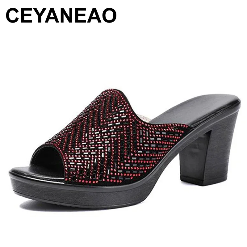 

CEYANEAO Slippers for women ladies summer genuine leather crystal slides thick high heel Peep toe fashion outdoor Zapatos