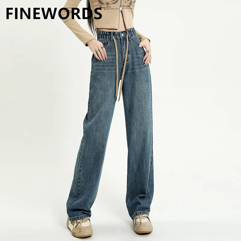 FINEWORDS Vintage Loose High Waist Jeans Korean Streetwear Wide Leg Jeans Casual Full Length Blue Washed Denim Pants