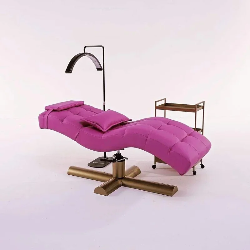 Hydraulic Pink Curved Lash Bed Tufted Ergonomic Facial Chair Gold Base Massage Table Esthetician Spa Salon Furniture