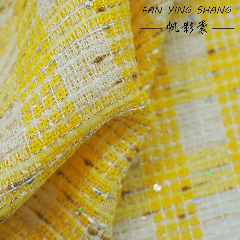 

Yellow White Stripes Sequins Tweed Fabric For Coat Dress Diy