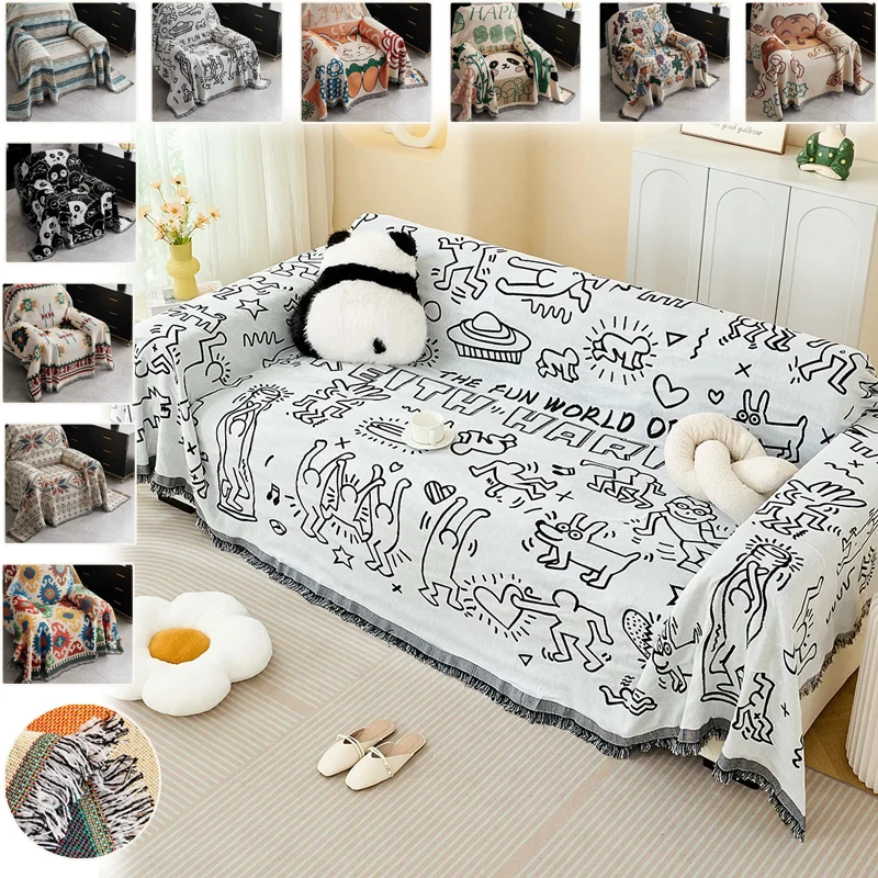 

Retro Sofa Cushion Cloth Double Sided Full Coverage Slip-Resistant Anti Cat Scratch Sofa Cover with Tassel for Camping NapTravel