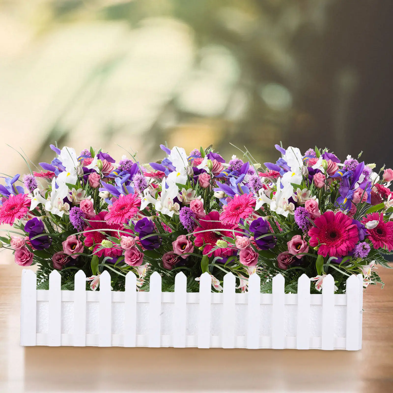 Rustic Wooden Picket Fence Rectangle Planter Box with Foam Insert for Artificial Flowers Plants Decorative Window Shelf Garden view 2