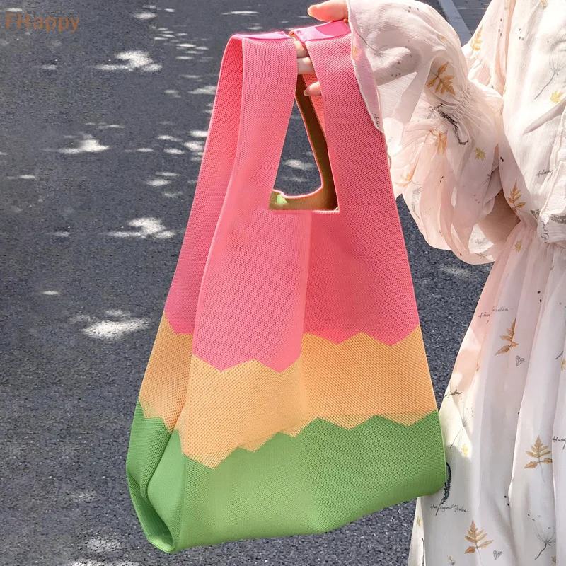 Reusable Shopping Bags Korean Women Mini Knot Wrist Bag Fashion Handmade Knit Handbags Casual Tote Bag