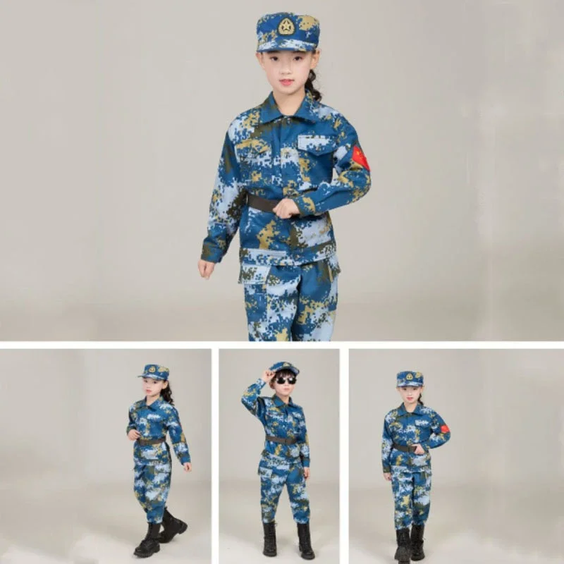 Special Force Combat Clothing for Kids, Boy and Girl's Military Uniform, Children Training Set, Cosplay Costumes, Terno, Top, Calças, Chapéu, Cinto, 4pcs