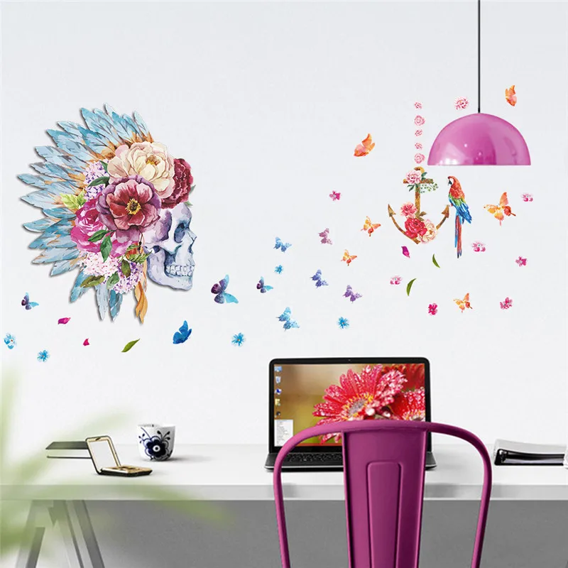 Floral Skeleton Skull Head Butterfly Birds Pattern Wall Art Stickers For Shop Office Halloween Home Decoration 3d Pvc Decal