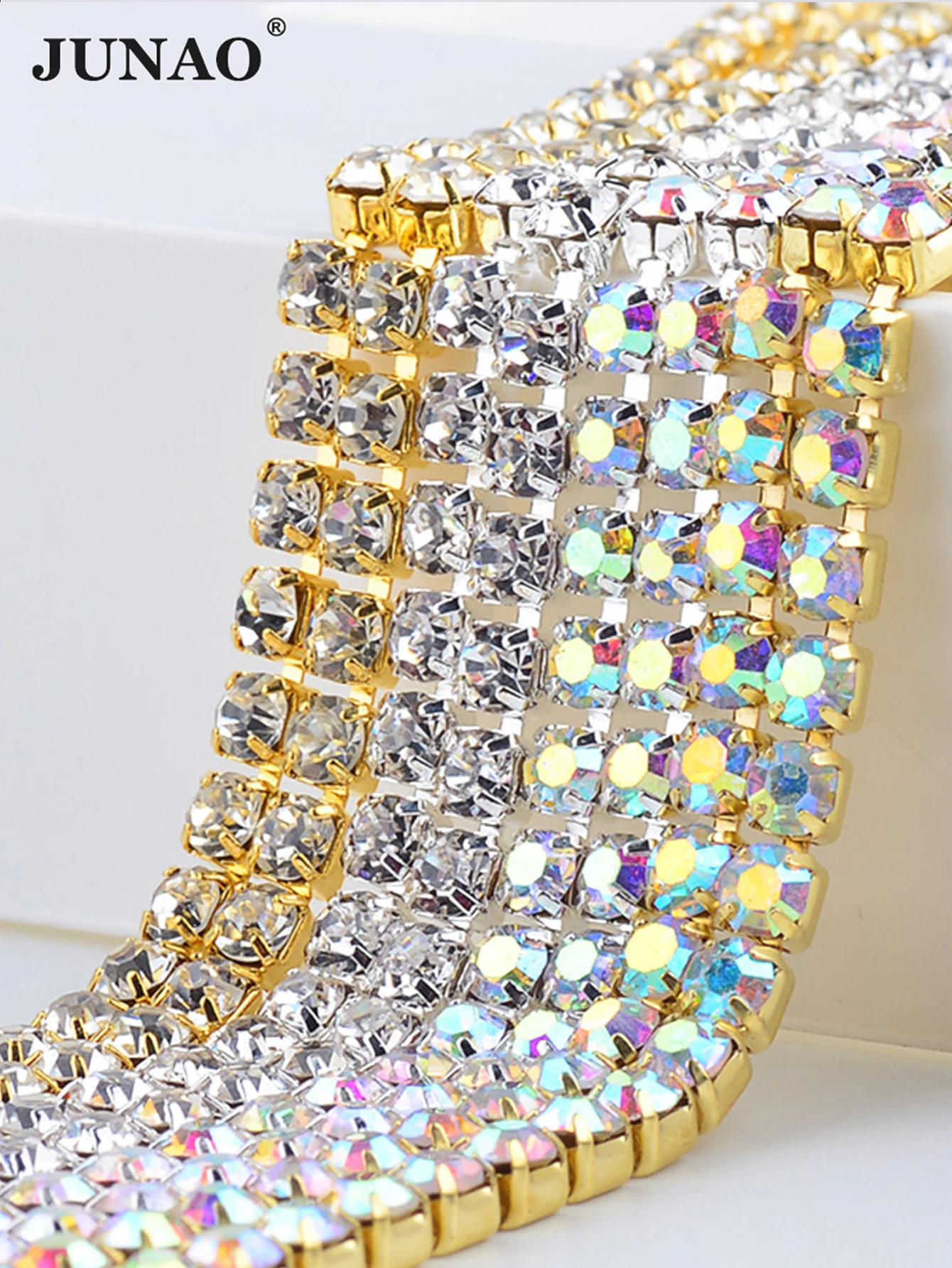 JUNAO SS6 8 10 12 16 18 Clear AB Glass Rhinestones Chain Crystal Ribbon Silver Metal Trim Strass Banding for Clothes Crafts