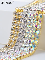 JUNAO SS6 8 10 12 16 18 Clear AB Glass Rhinestones Chain Crystal Ribbon Silver Metal Trim Strass Banding for Clothes Crafts