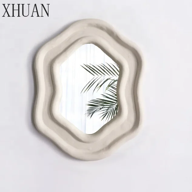 Espelho de Parede de Gesso Texturizado em Tom Suave de Merengue, Design Emoldurado, Decoração de Arte de Luxo em Madeira para Casa