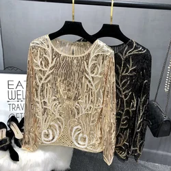 Sequin top women net red sparkling sexy see-through mesh inner bottoming shirt outer wear heavy industry beaded women