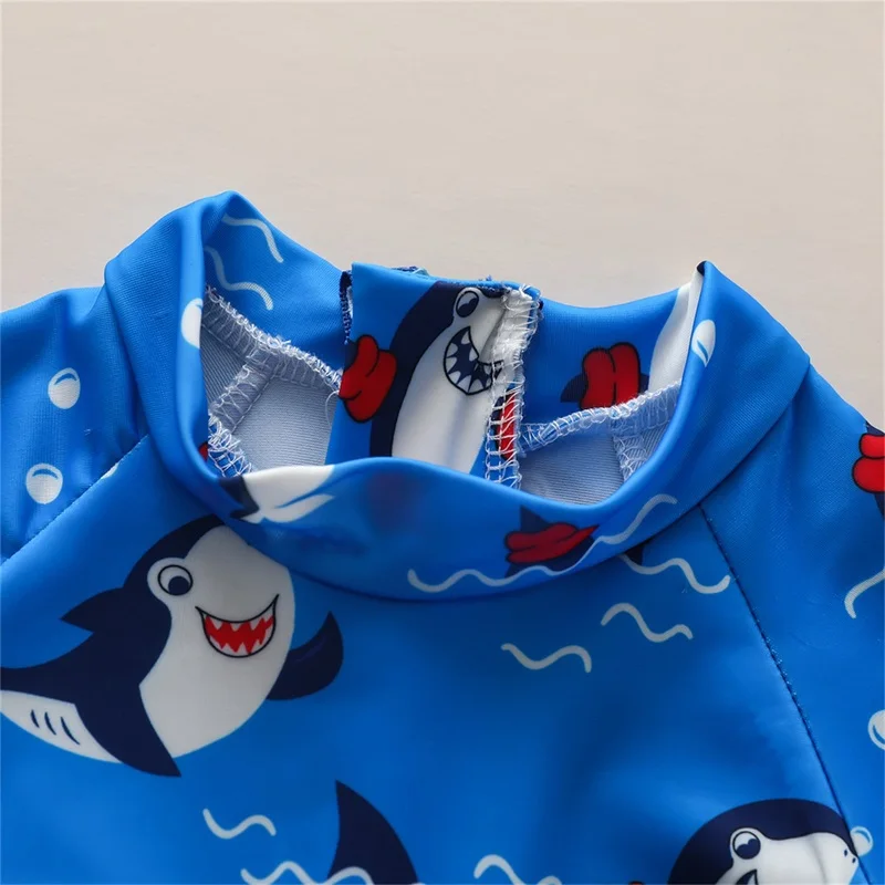 Kid Boy Romper Swimsuit Short Sleeve Round Neck Cartoon Shark Print Summer Beach Swimwear Jumpsuit